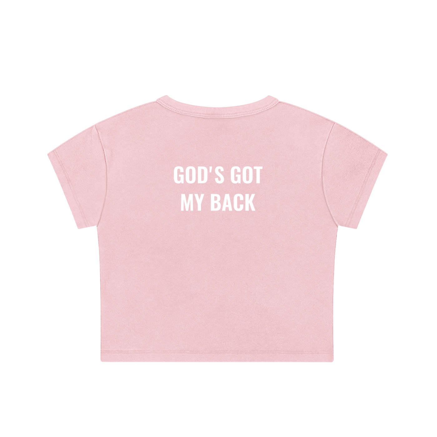Pink t-shirt with 'GOD'S GOTMYBACK' text on a white background