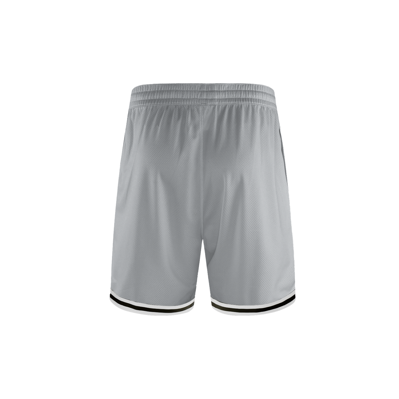 Gray shorts with black trim on a white background