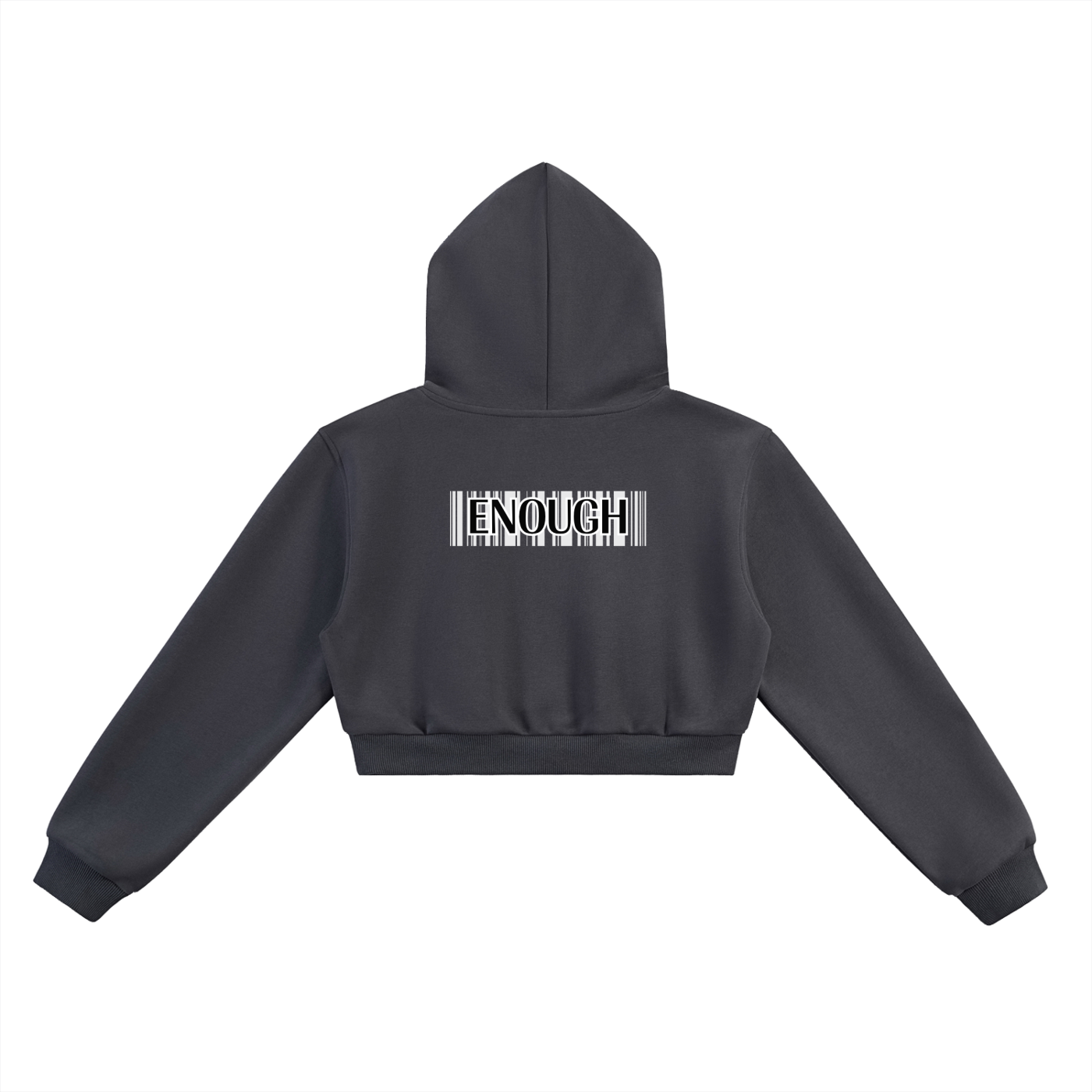 Black of gray hoodie with text on the back on a white background. Barcode graphic with Enough text in front of it.