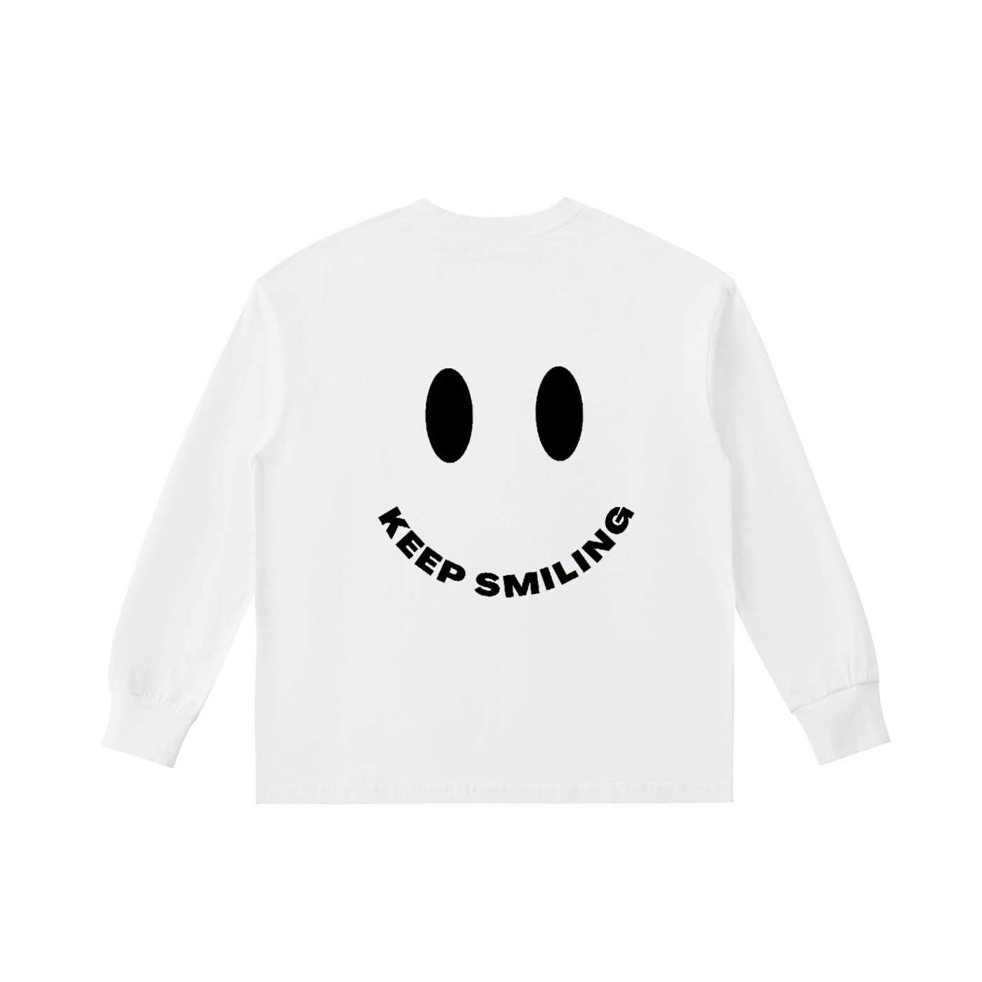 White long-sleeve shirt with smiley face design and 'KEEP SMILING' text on a white background