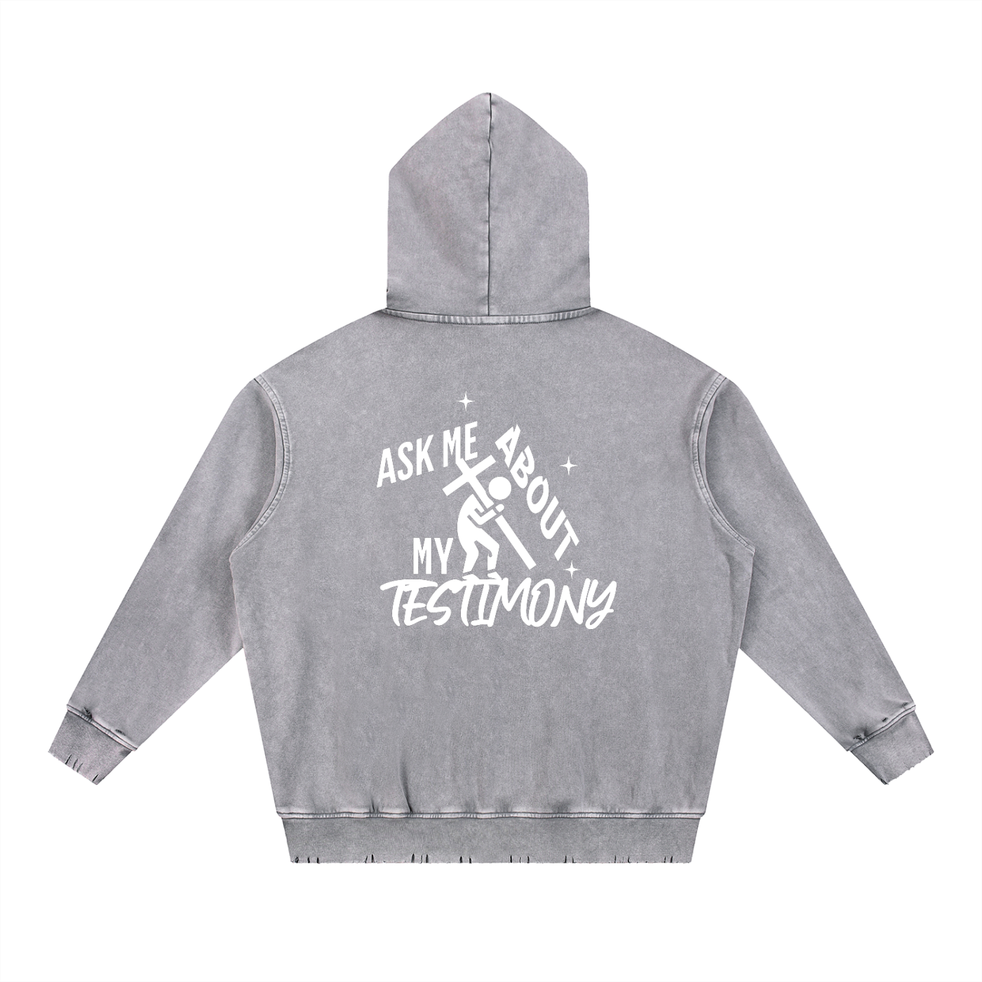 Light Gray hoodie with text on the back on a white background. Text says: "Ask me about my testimony" with person carrying the cross graphic design all in white color.