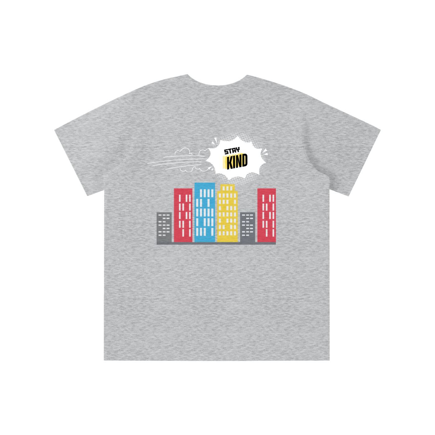 Gray t-shirt with colorful building graphic and 'Stay Kind' text on a white background