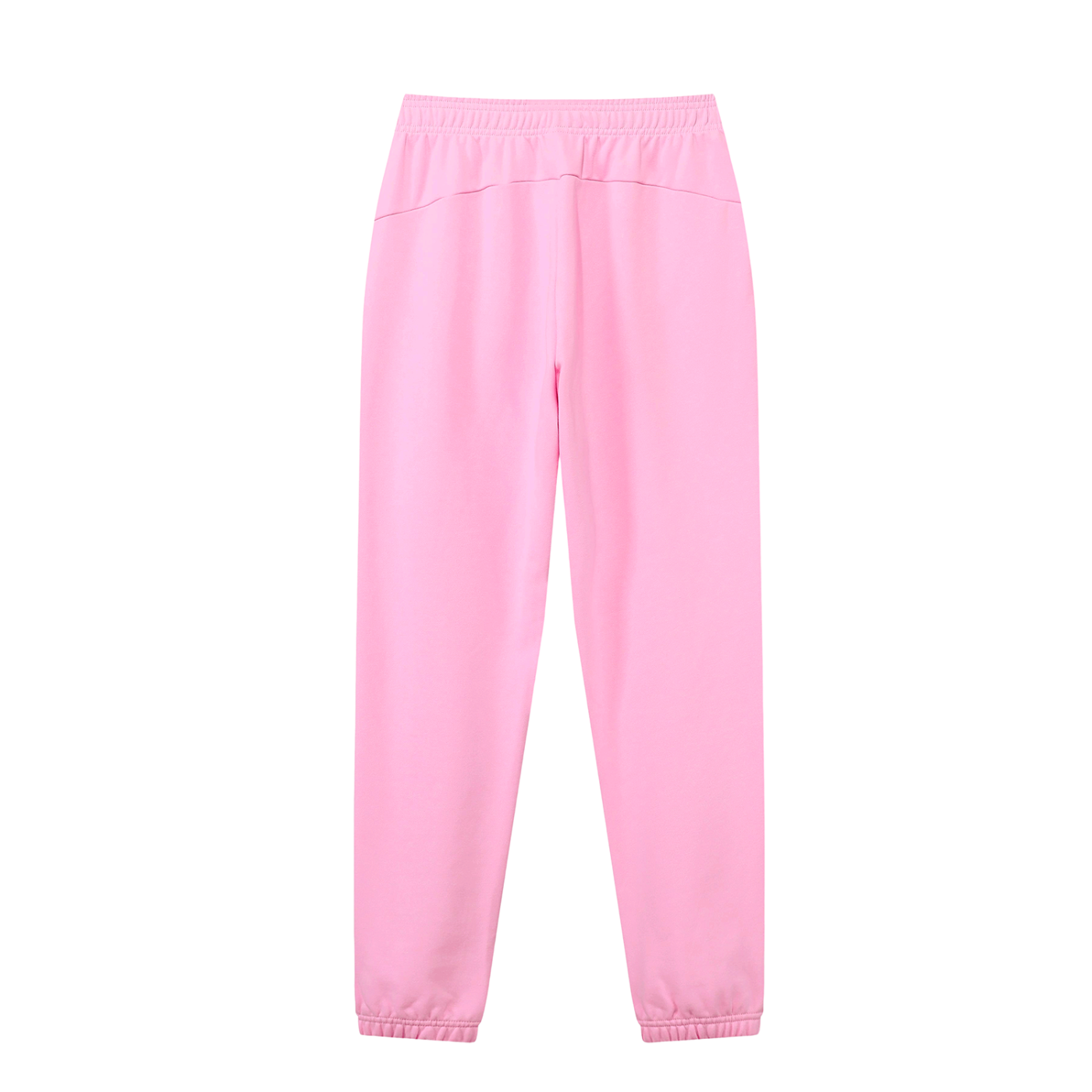 Back of light pink cuffed sweatpants in front of a white background