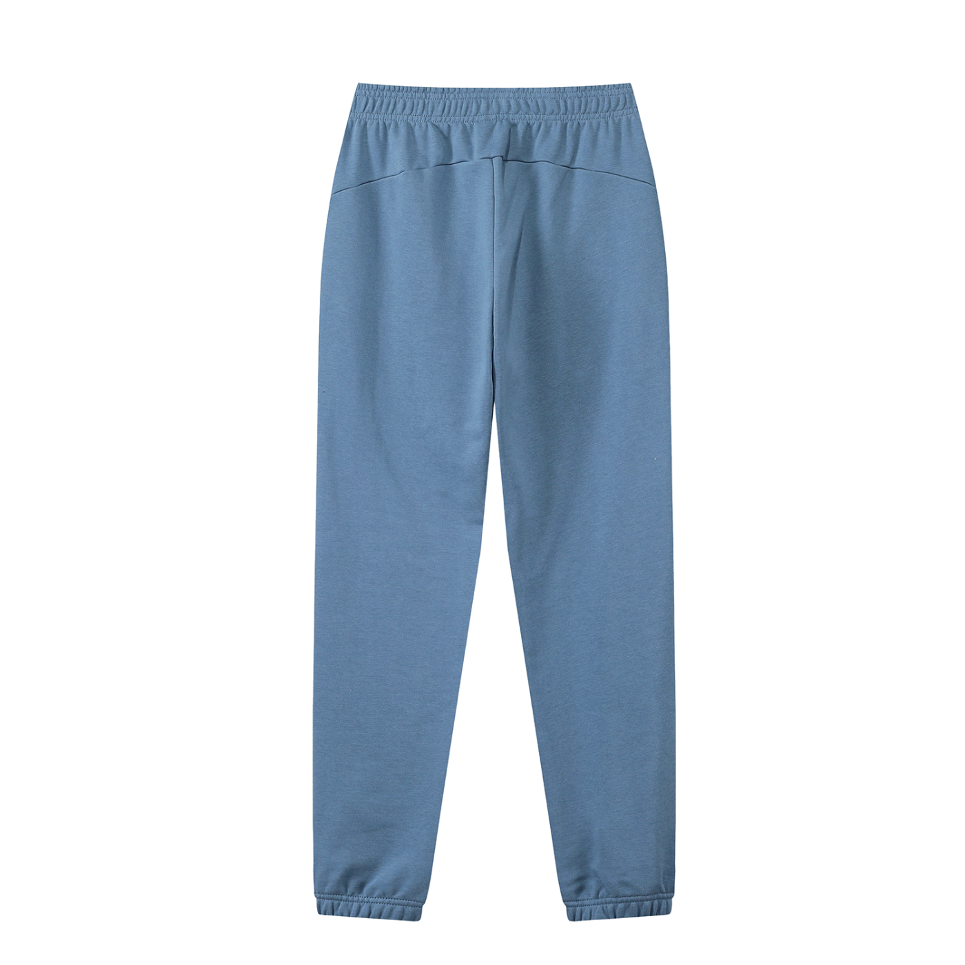 Back of medium blue cuffed sweatpants in front of a white background