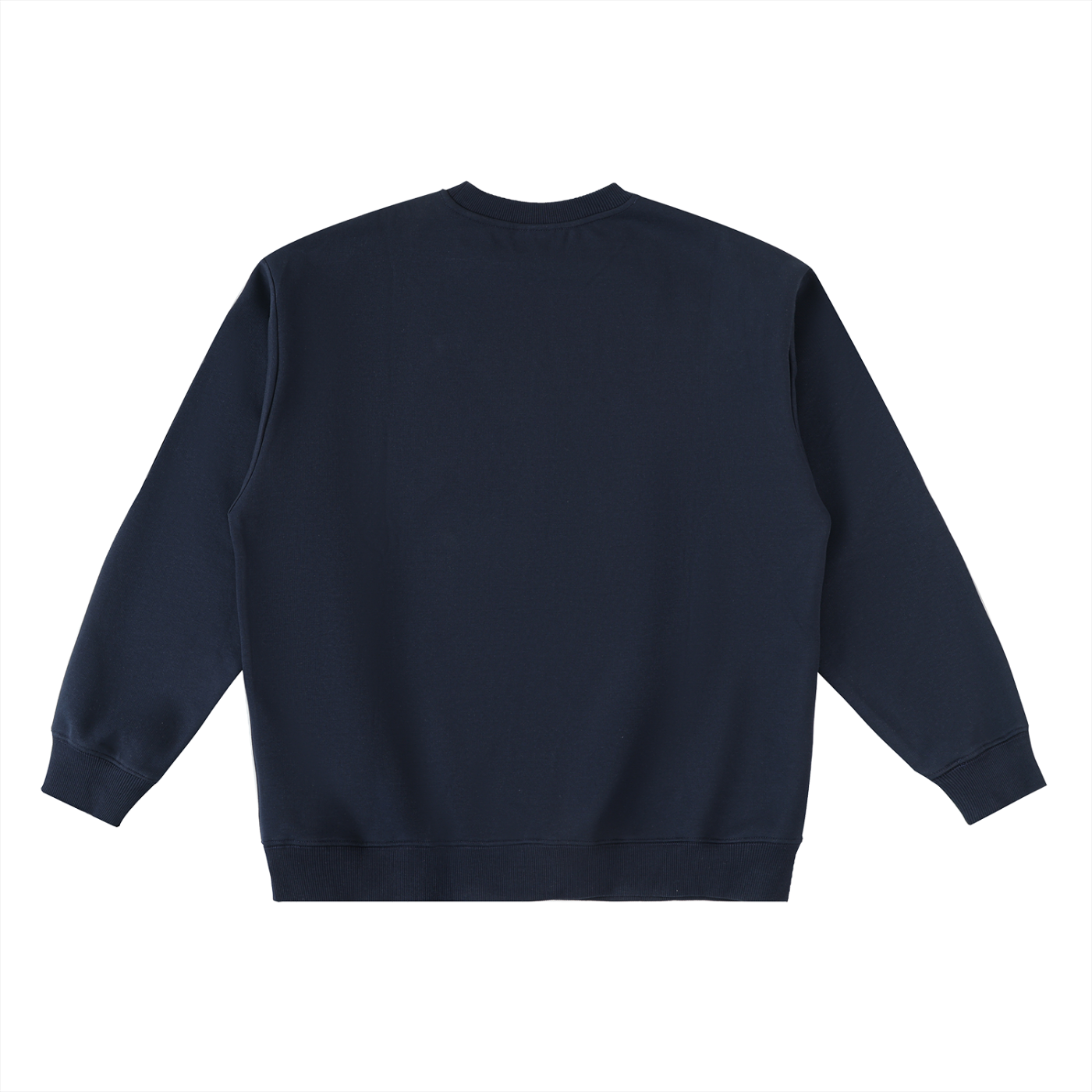 Navy blue sweatshirt in front of a white background