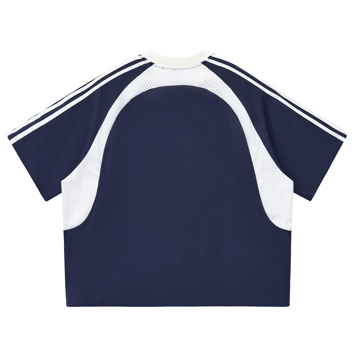 Navy and white athletic shirt with stripes on a white background