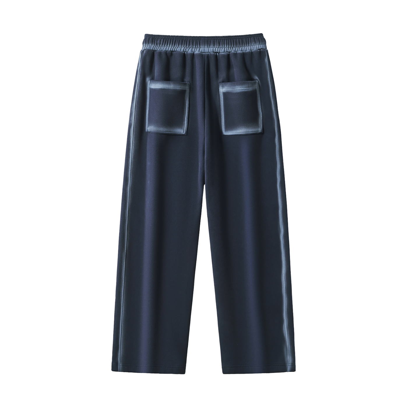 Dark Navy pants with faded lines and back pockets in front of a white background