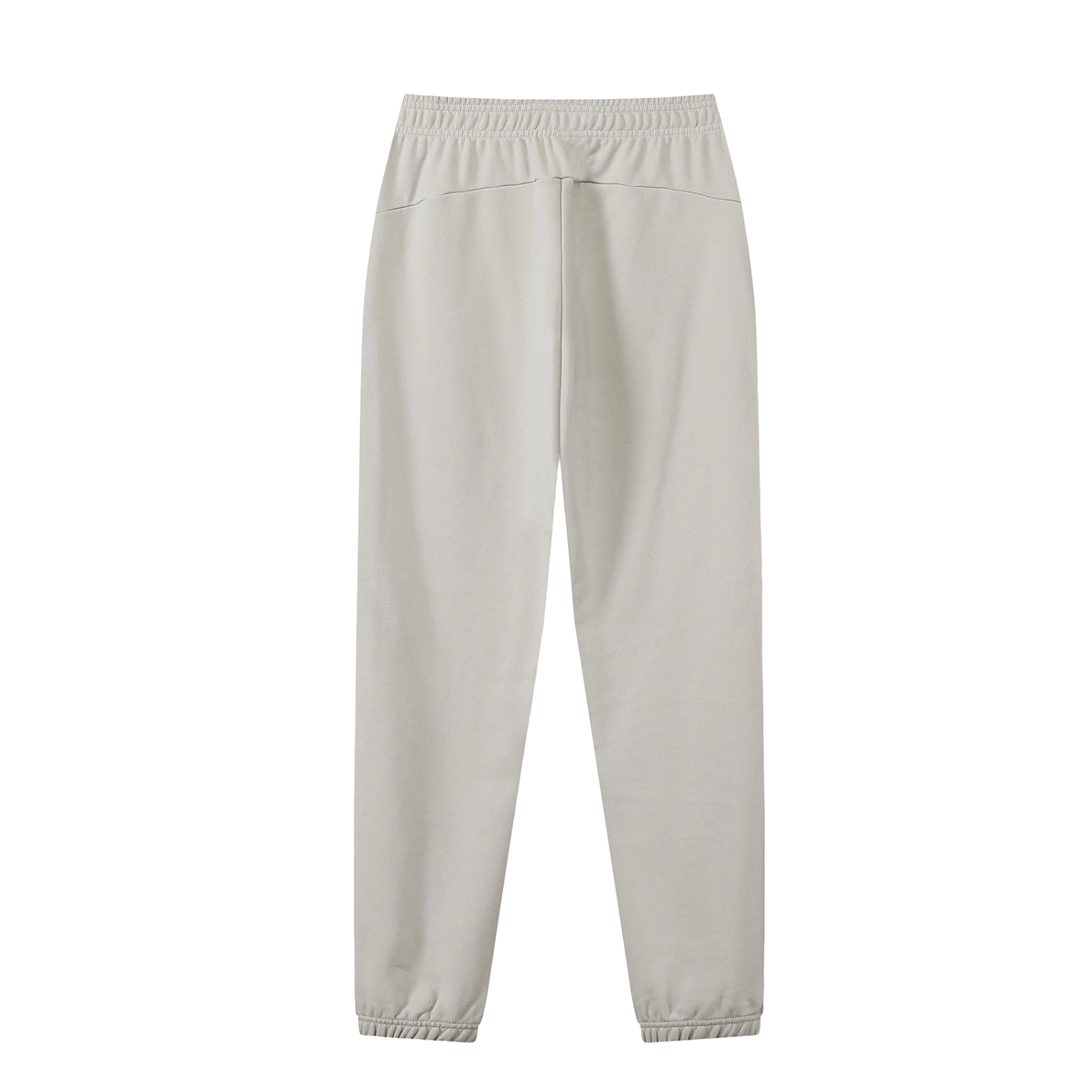 Back of oat gray sweatpants in front of a white background