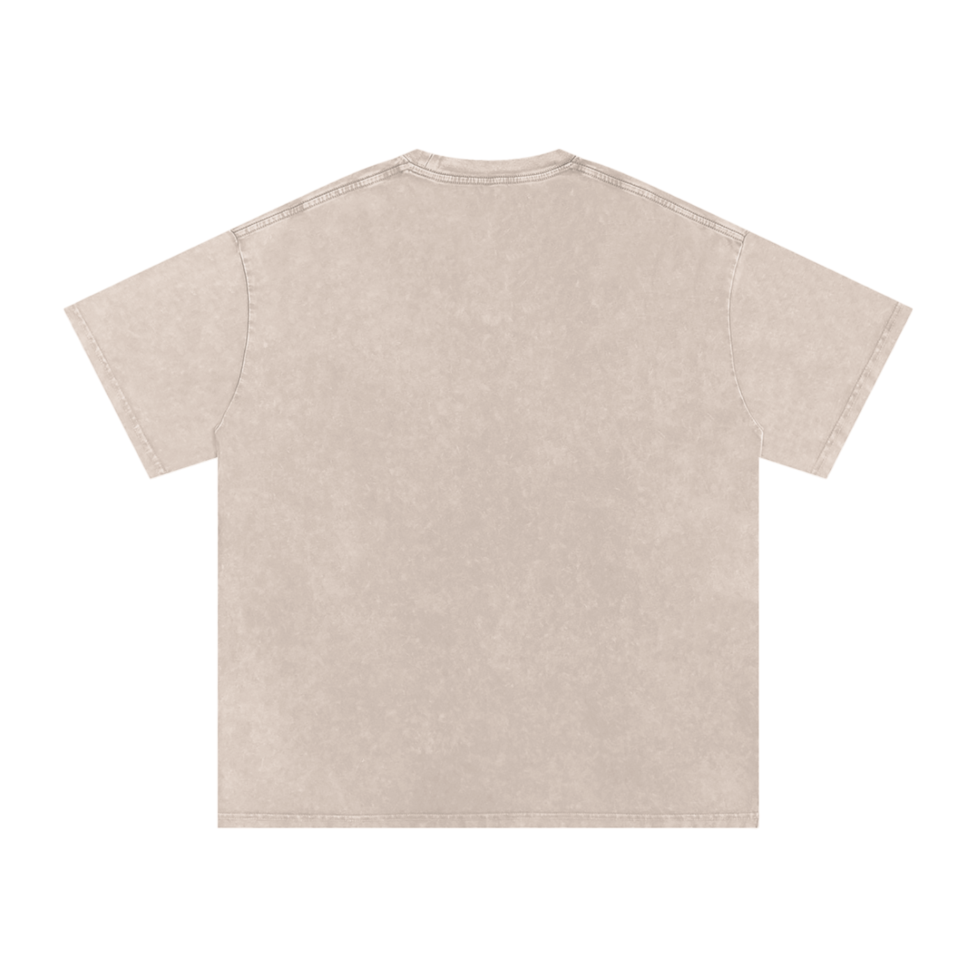 Back of beige t-shirt, plain no design, in front of a white background.