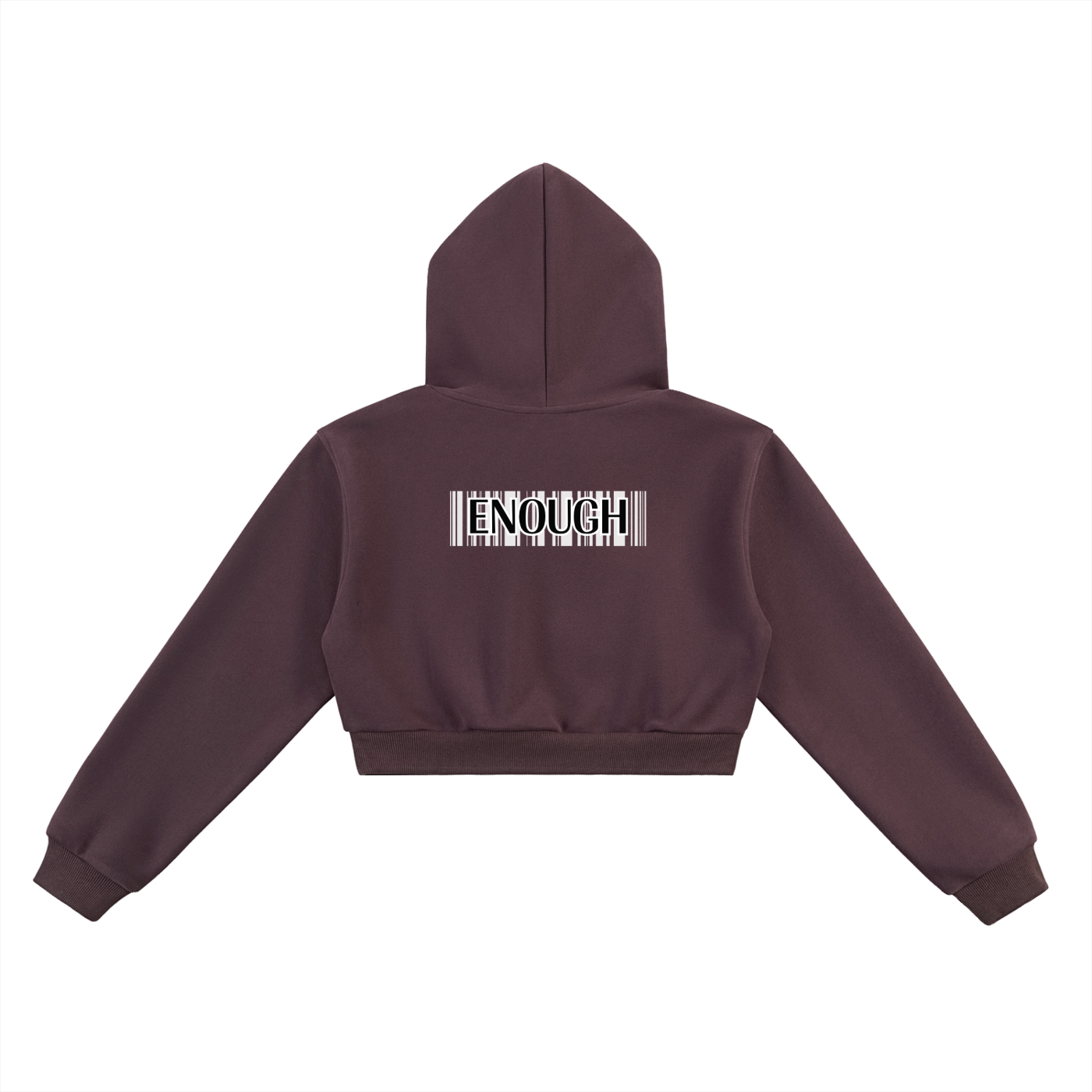 Purple hoodie with 'ENOUGH' text on the back against a white background