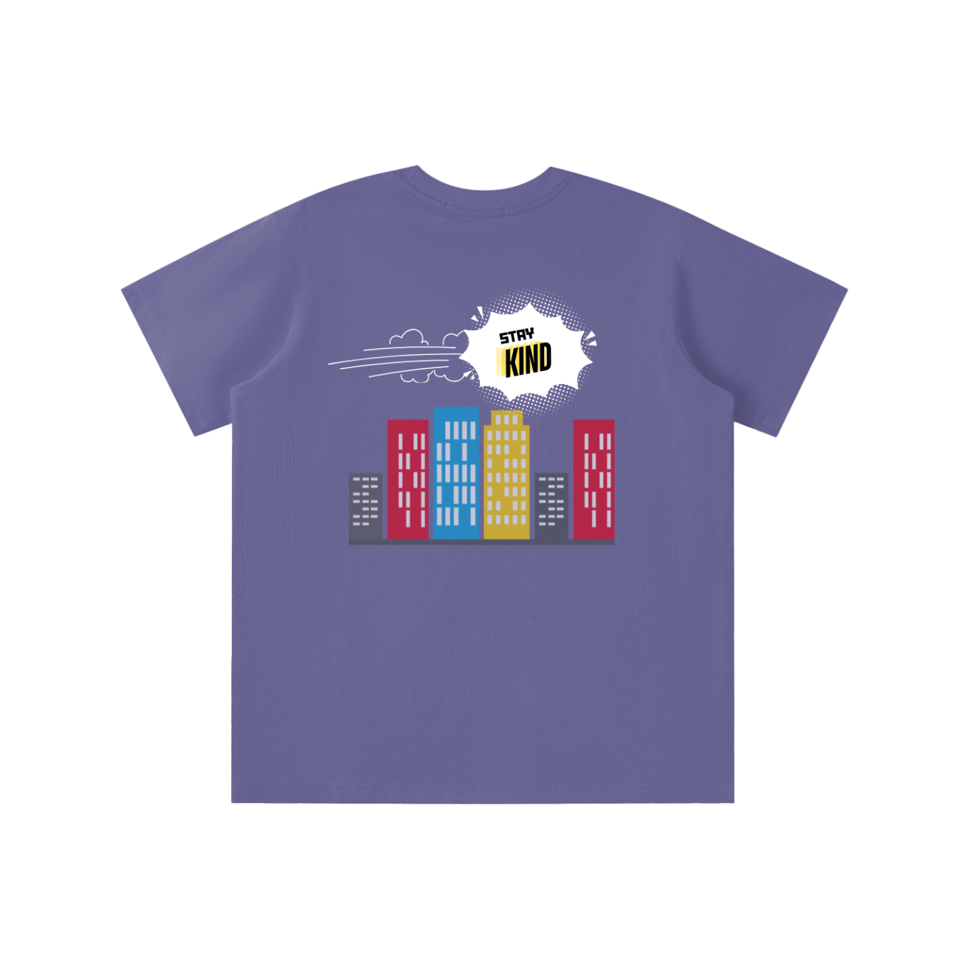 Purple t-shirt with colorful building design and 'Stay Kind' text on a white background