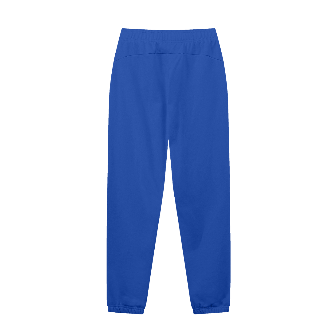 Back of royal blue sweatpants in front of a white background
