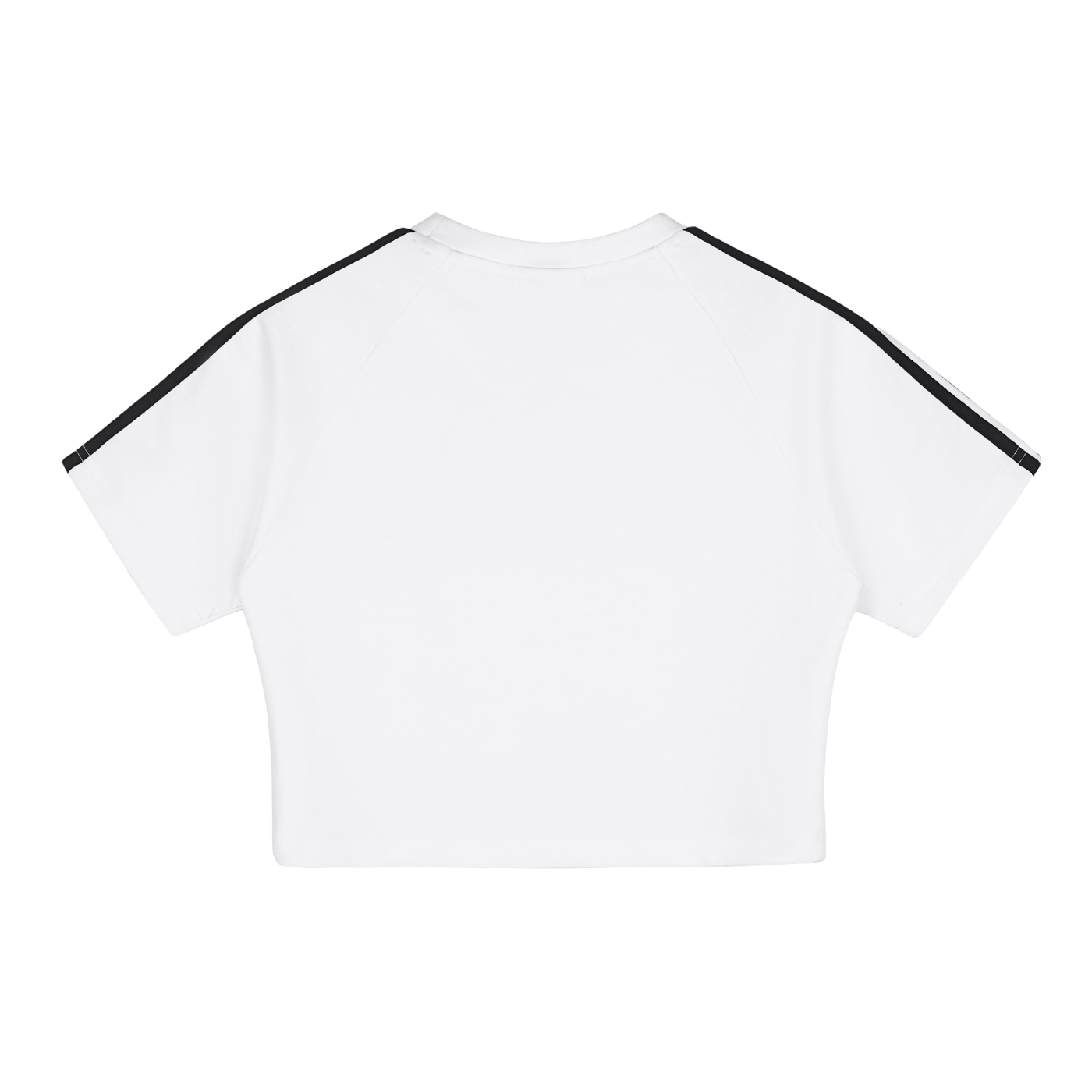 White crop top with black trim on a white background