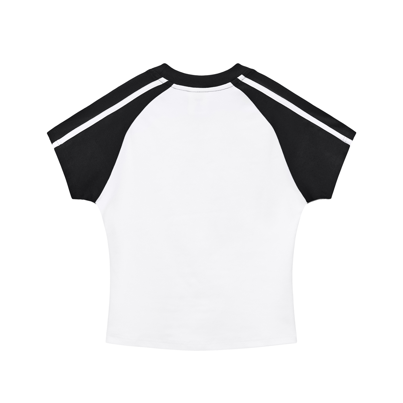 White crop top with black sleeves on a white background