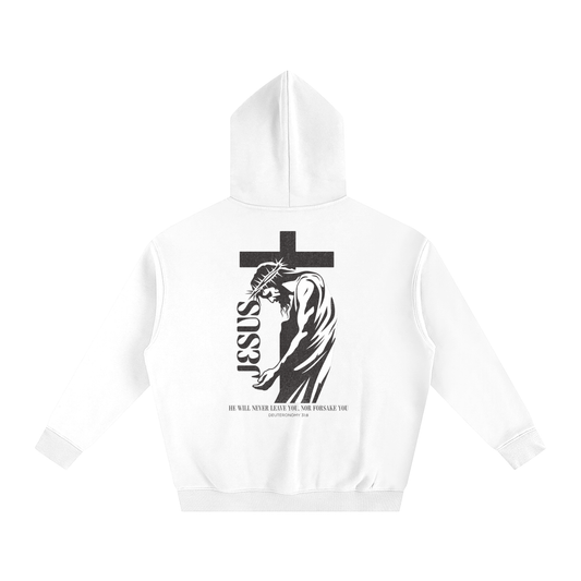 White hoodie with a graphic design of Jesus in front of the cross, with text on a white background. Text says "Jesus" and "He will never leave you, nor forsake you. Deuteronomy 31:8" 