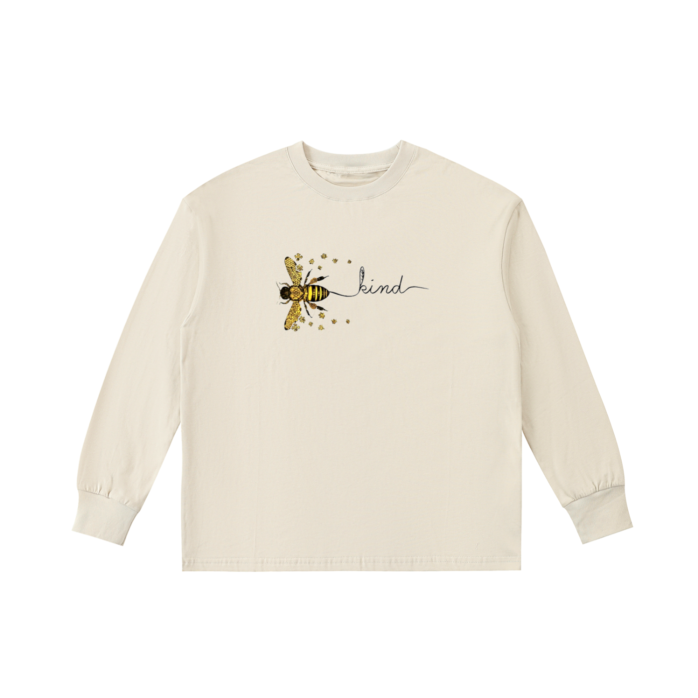 Beige long sleeve with a bee design and 'bee kind' text on a white background