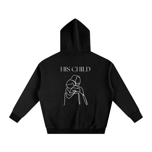 Black hoodie with 'HIS CHILD' text and graphic on the back against a white background