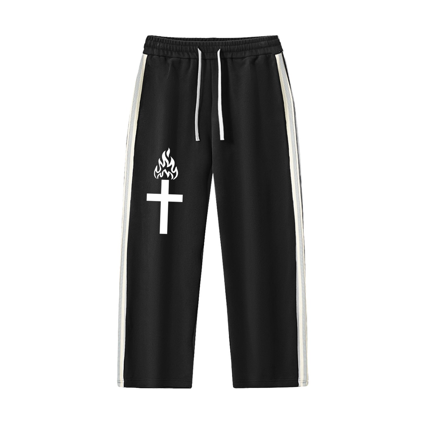 Black pants with a white cross and flame design on a white background