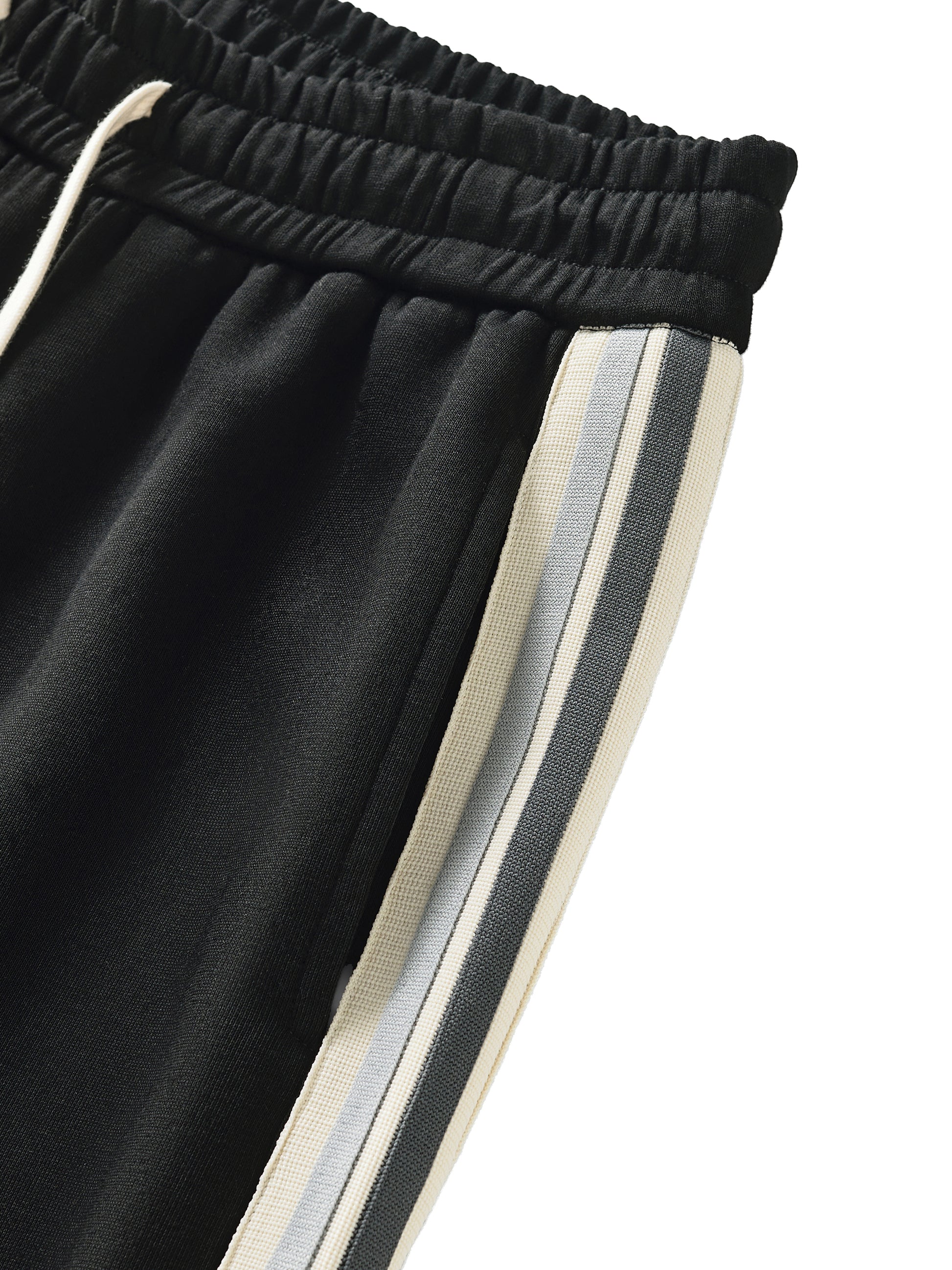 Black pants with white and gray stripes on a white background