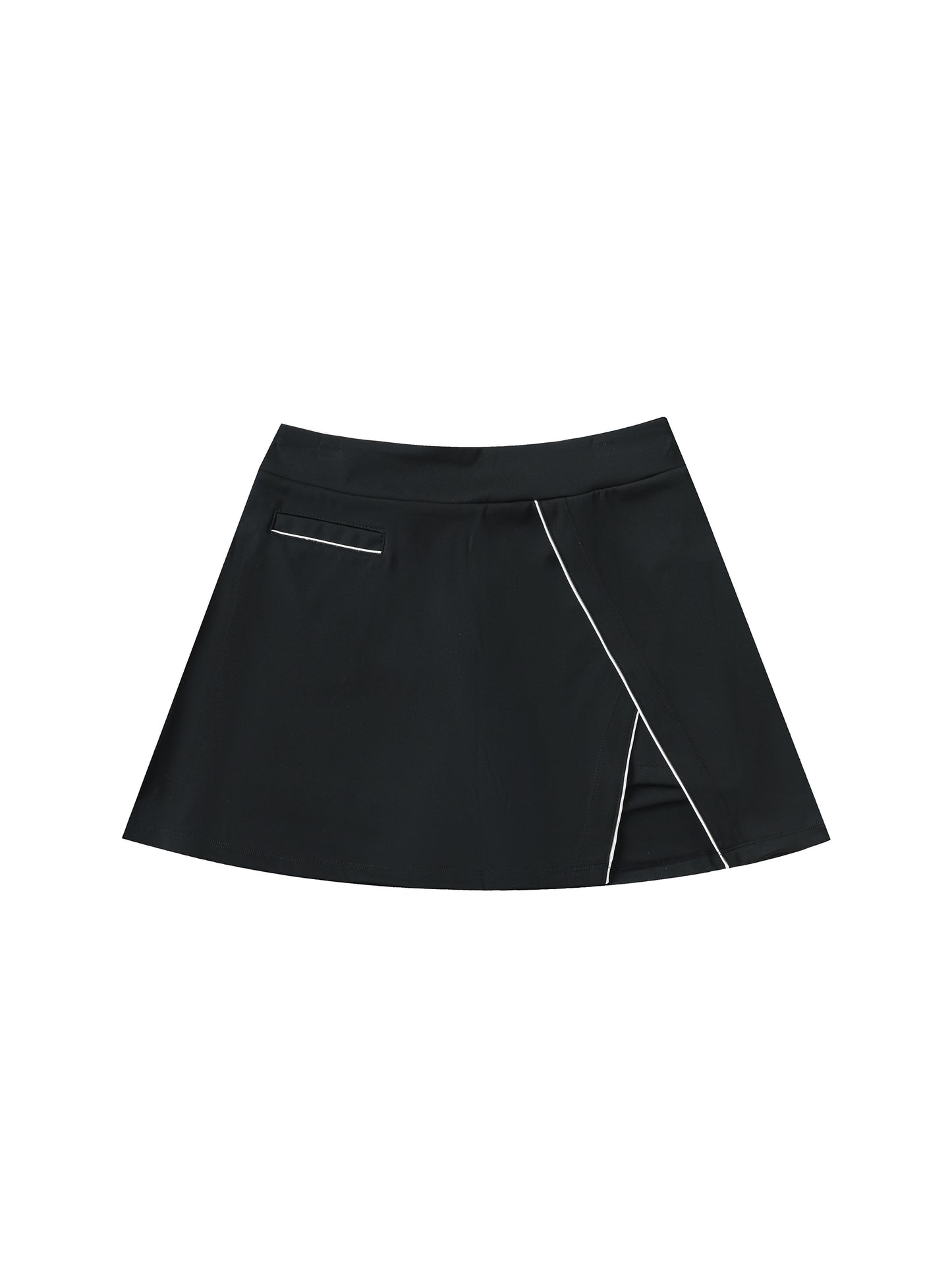 Black skirt with white stitching on a white background