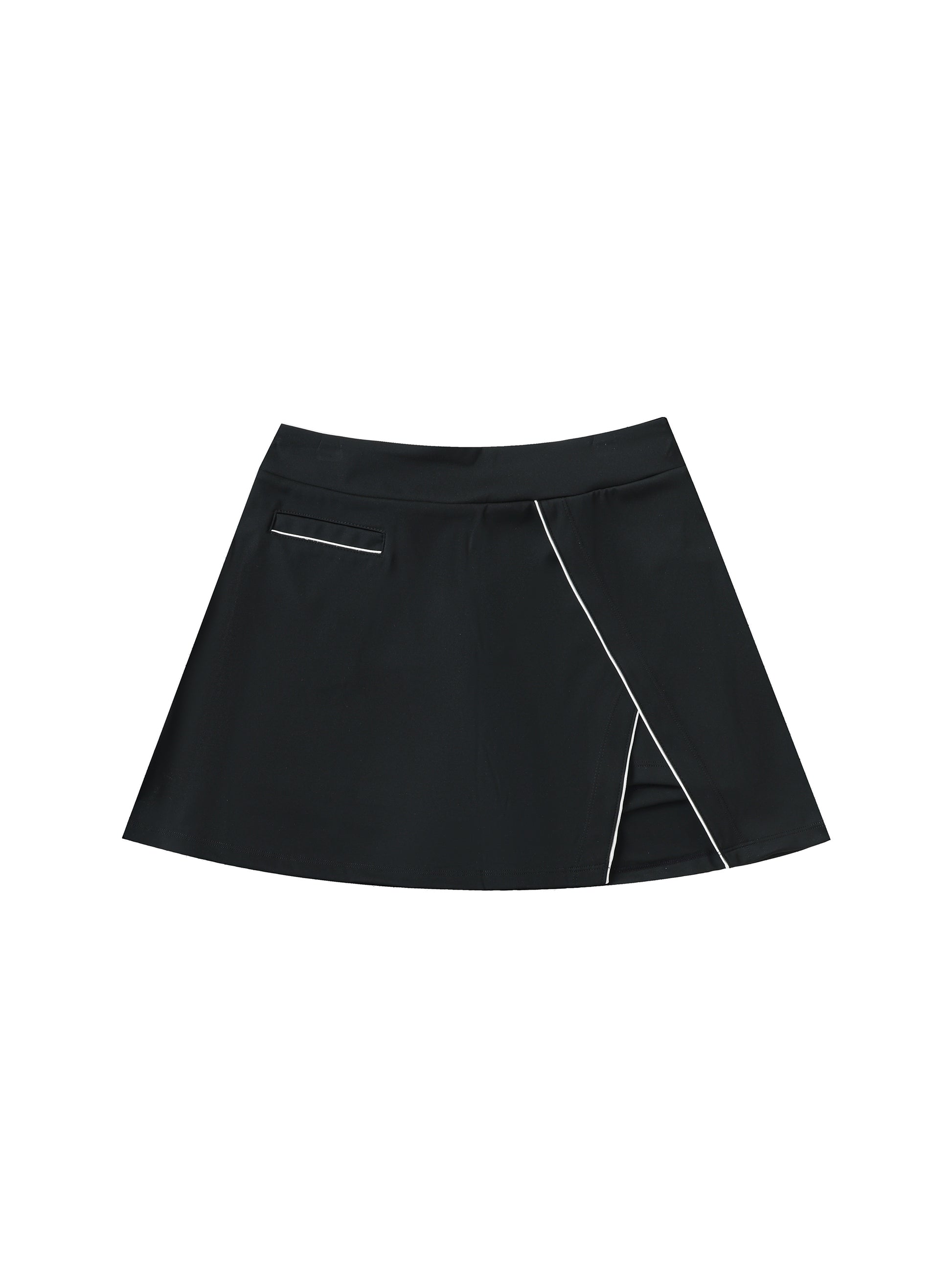 Black skirt with white stitching on a white background