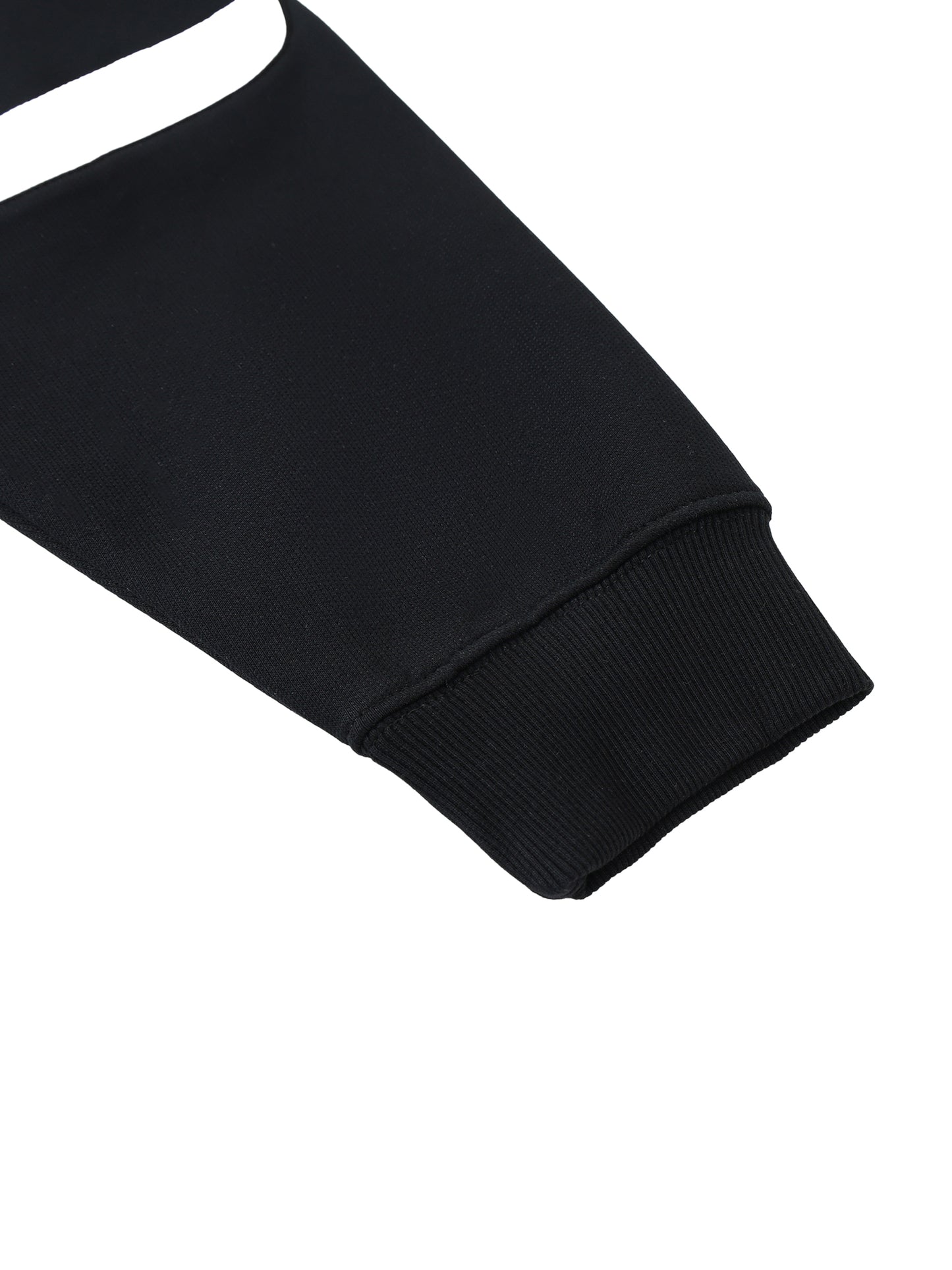 Close-up of a black sleeve with white trim in front of a white background