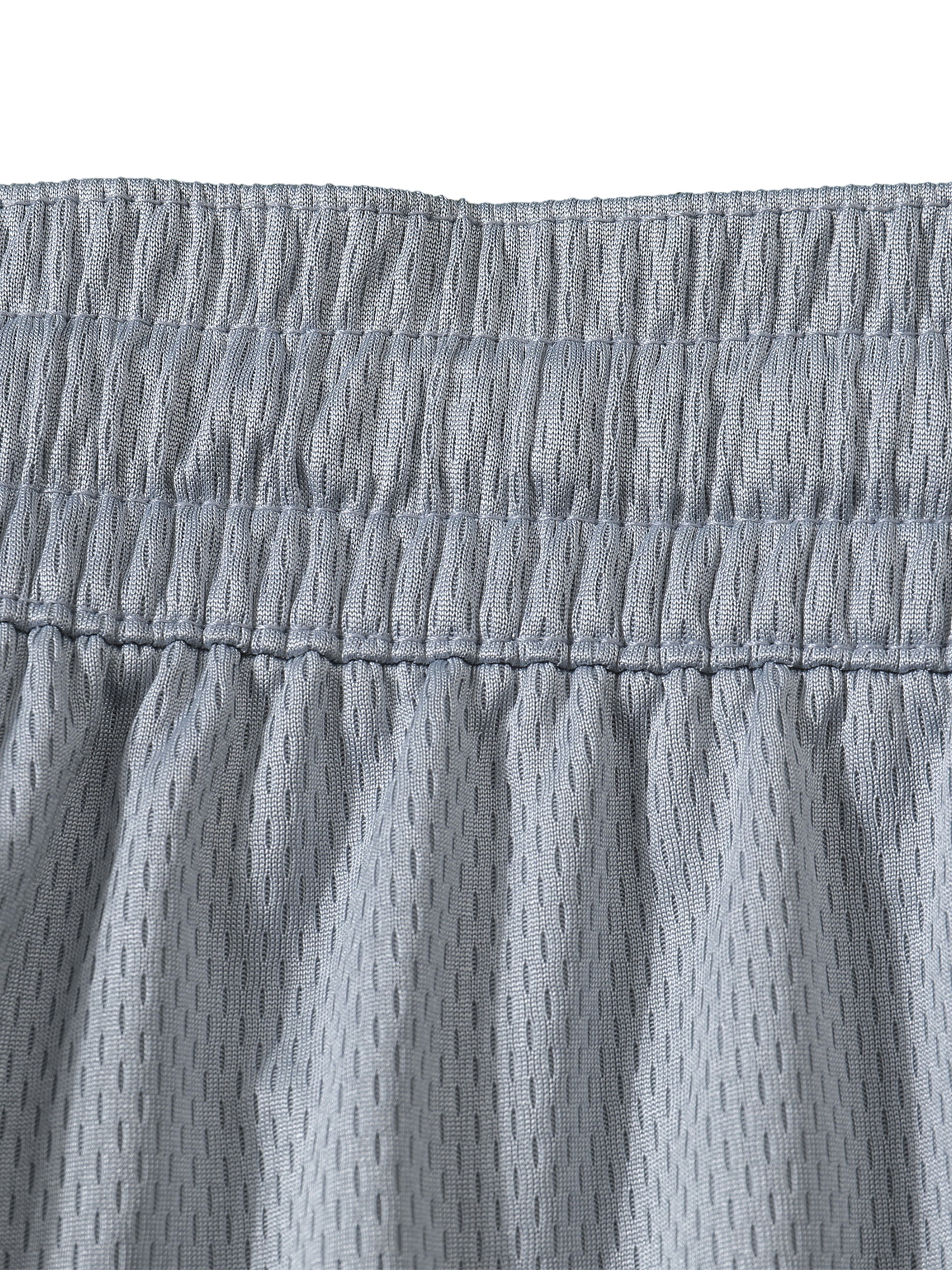 Close-up of gray shorts with a textured pattern on a white background