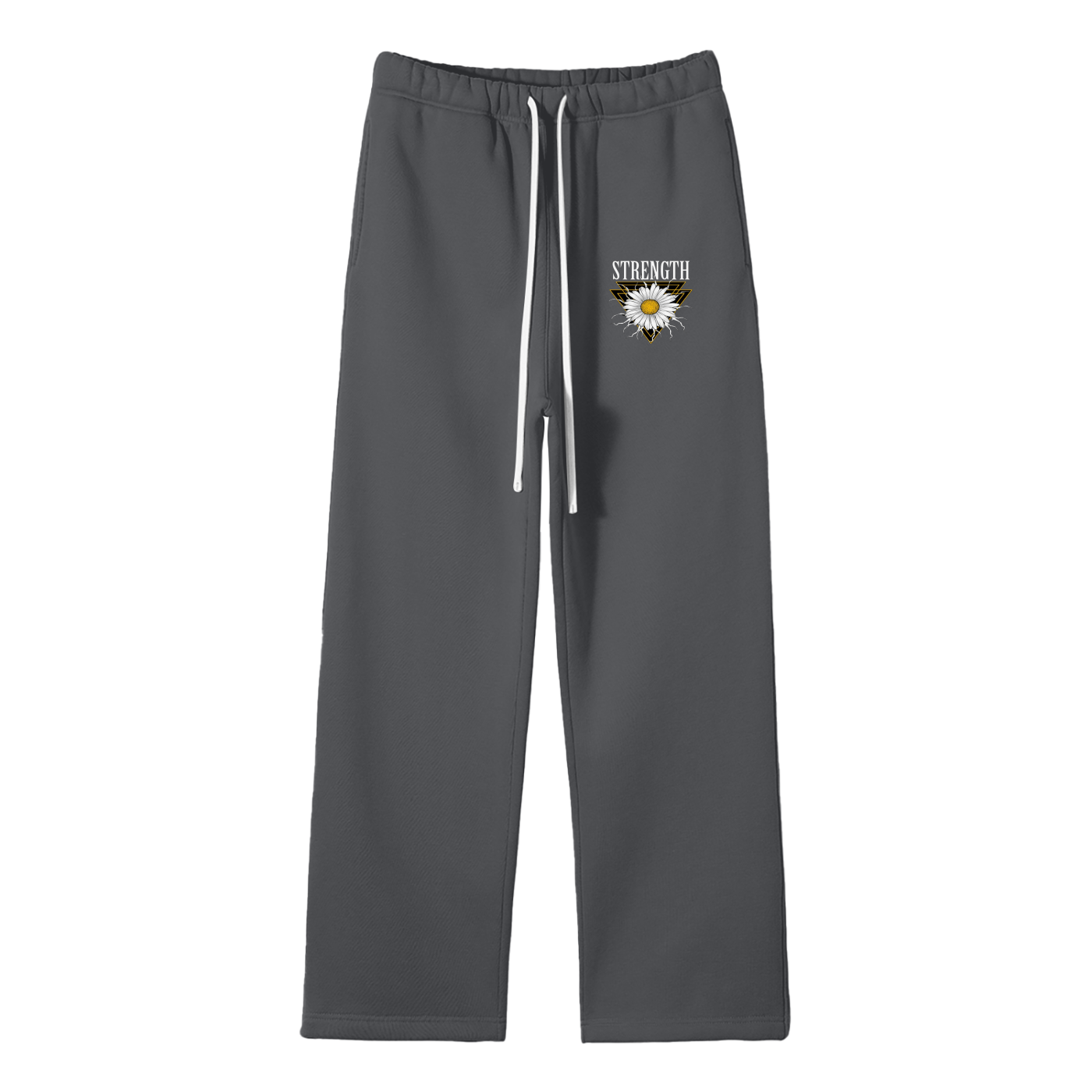 Gray sweatpants with a floral design and 'Strength' text on a white background