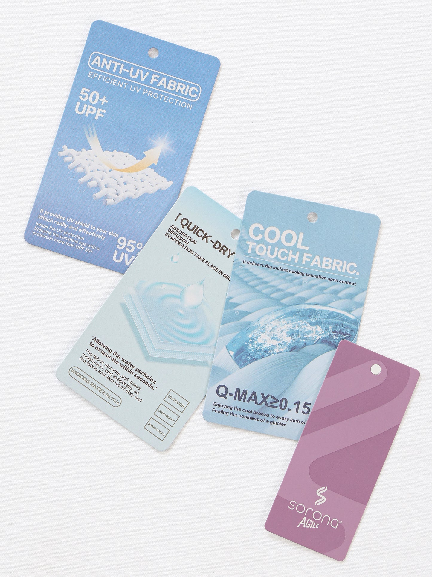 Set of fabric property cards with text and graphics on a white background