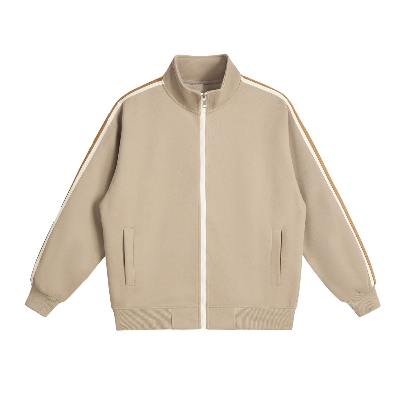Beige jacket with striped sleeves on a white background