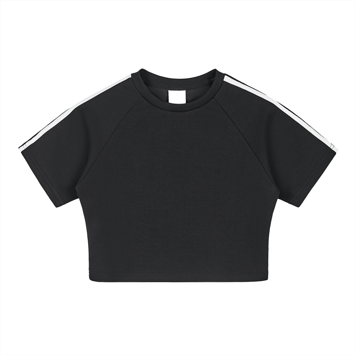 Black crop top with white stripes on sleeves against a white background