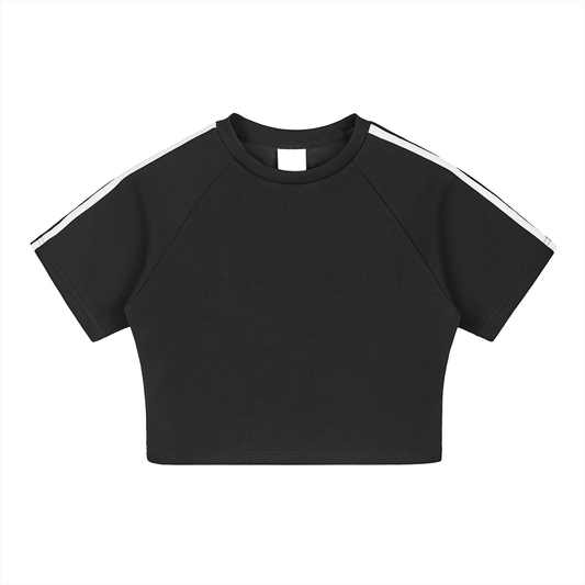Black crop top with white stripes on sleeves against a white background
