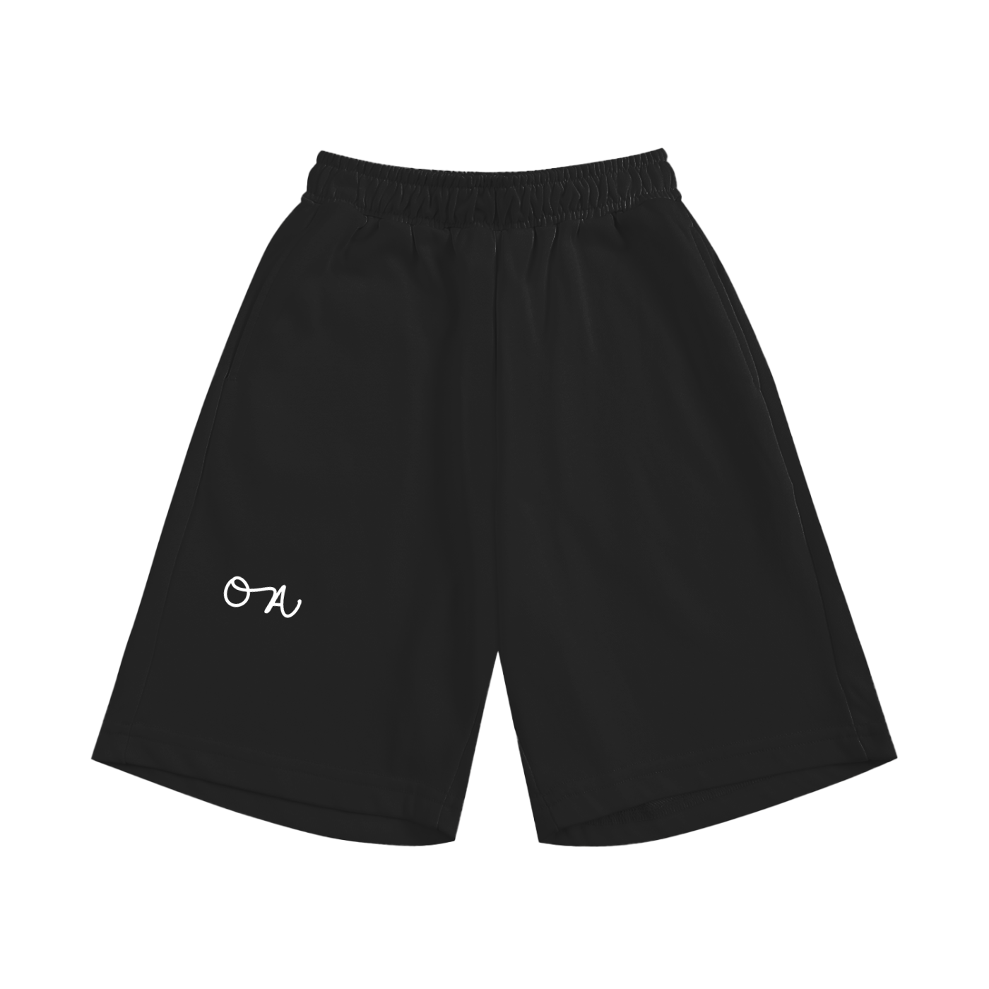 Black shorts with a white logo on a white background