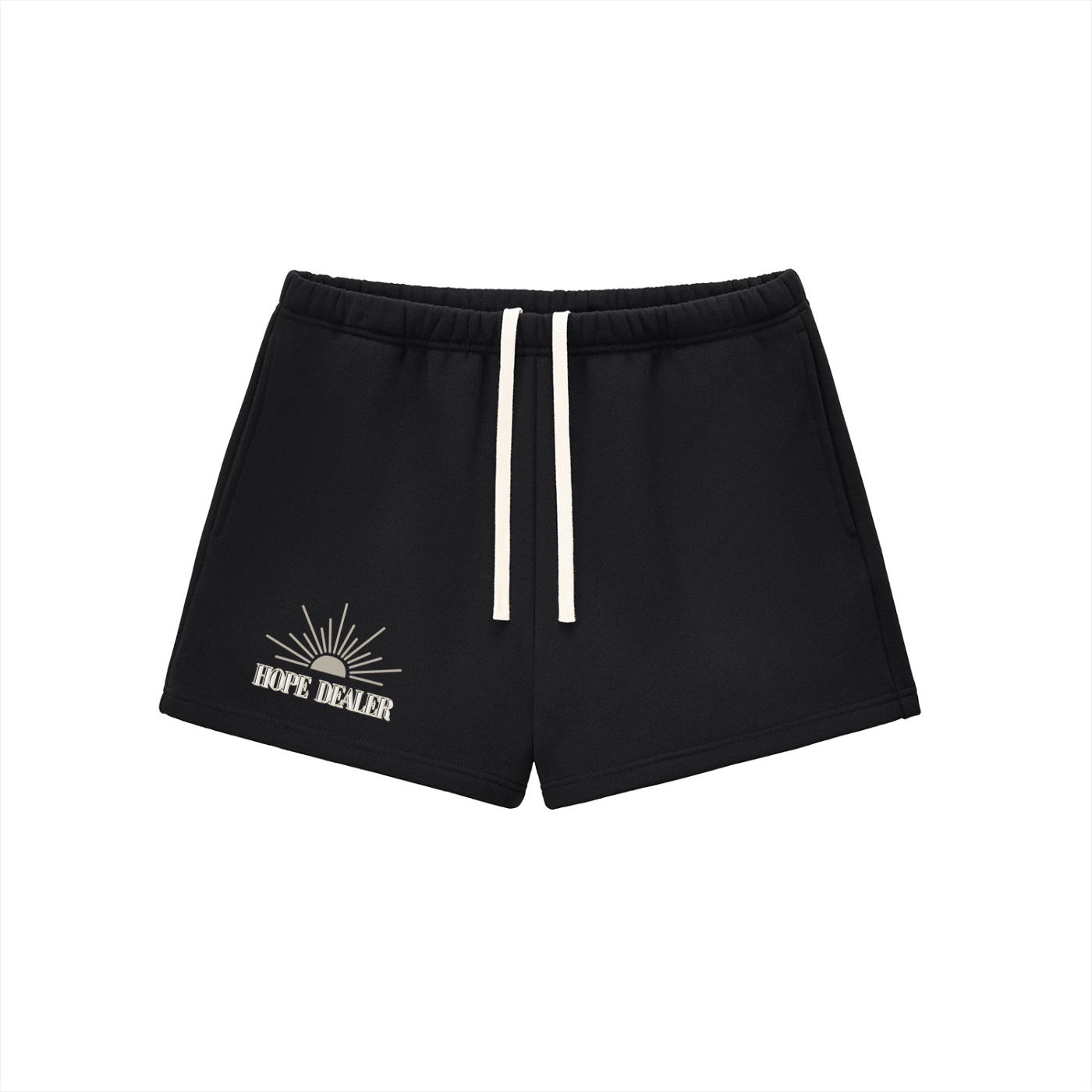 Black shorts with 'Hope Dealer' design on a white background