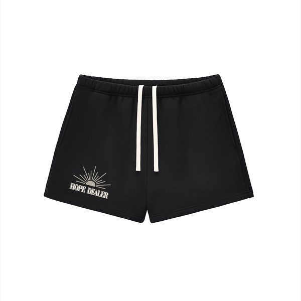 Black shorts with 'Hope Dealer' design on a white background