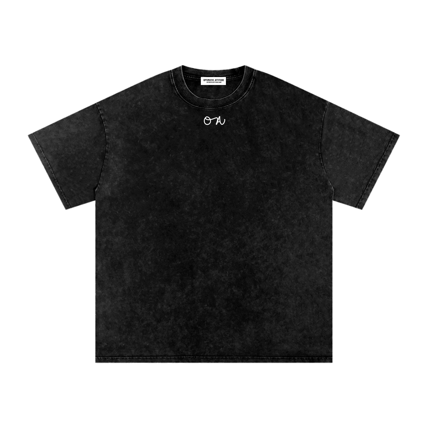 Black t-shirt with an 'OA' logo in front of a white background