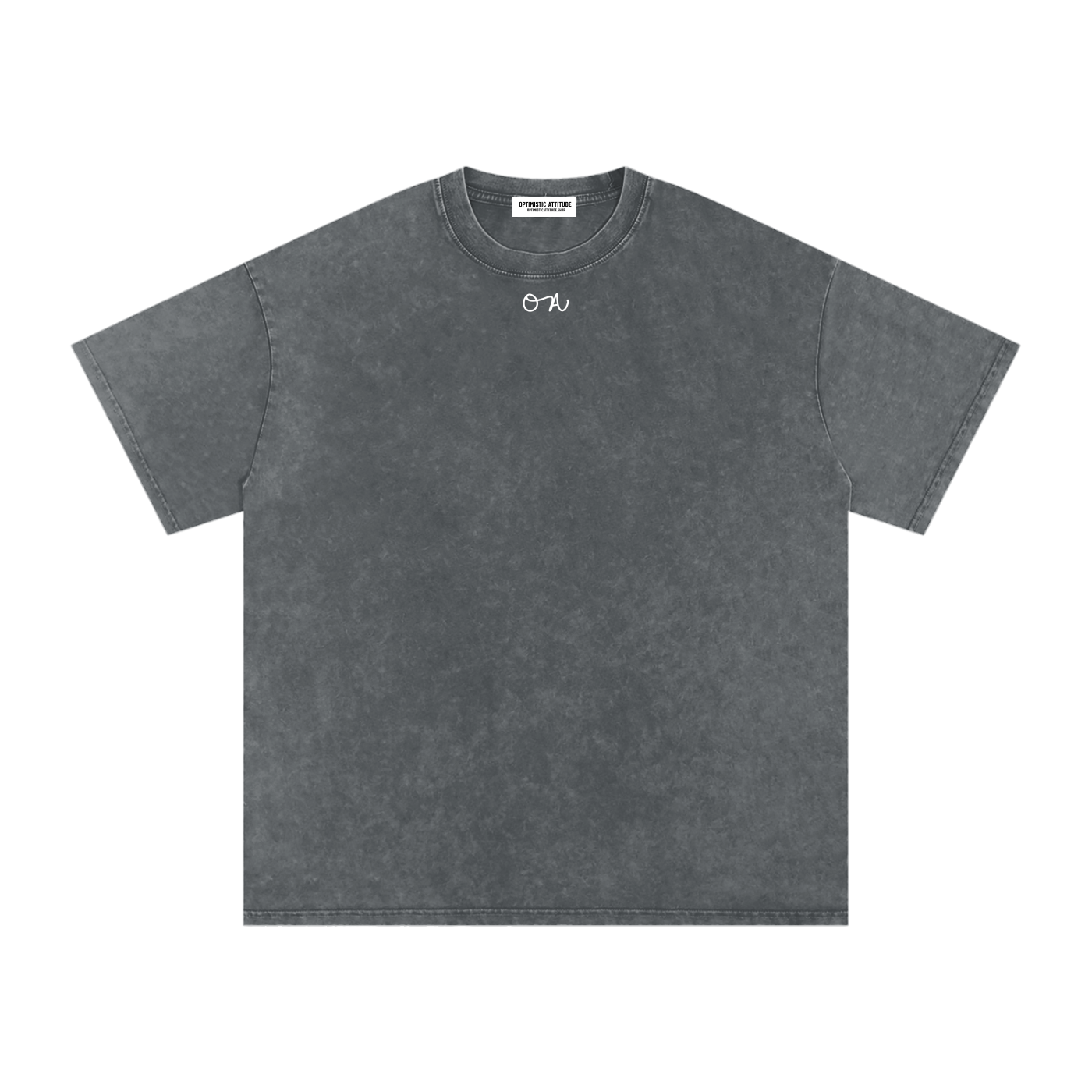Front of dark gray t-shirt with a white 'oa' logo in front of a white background.