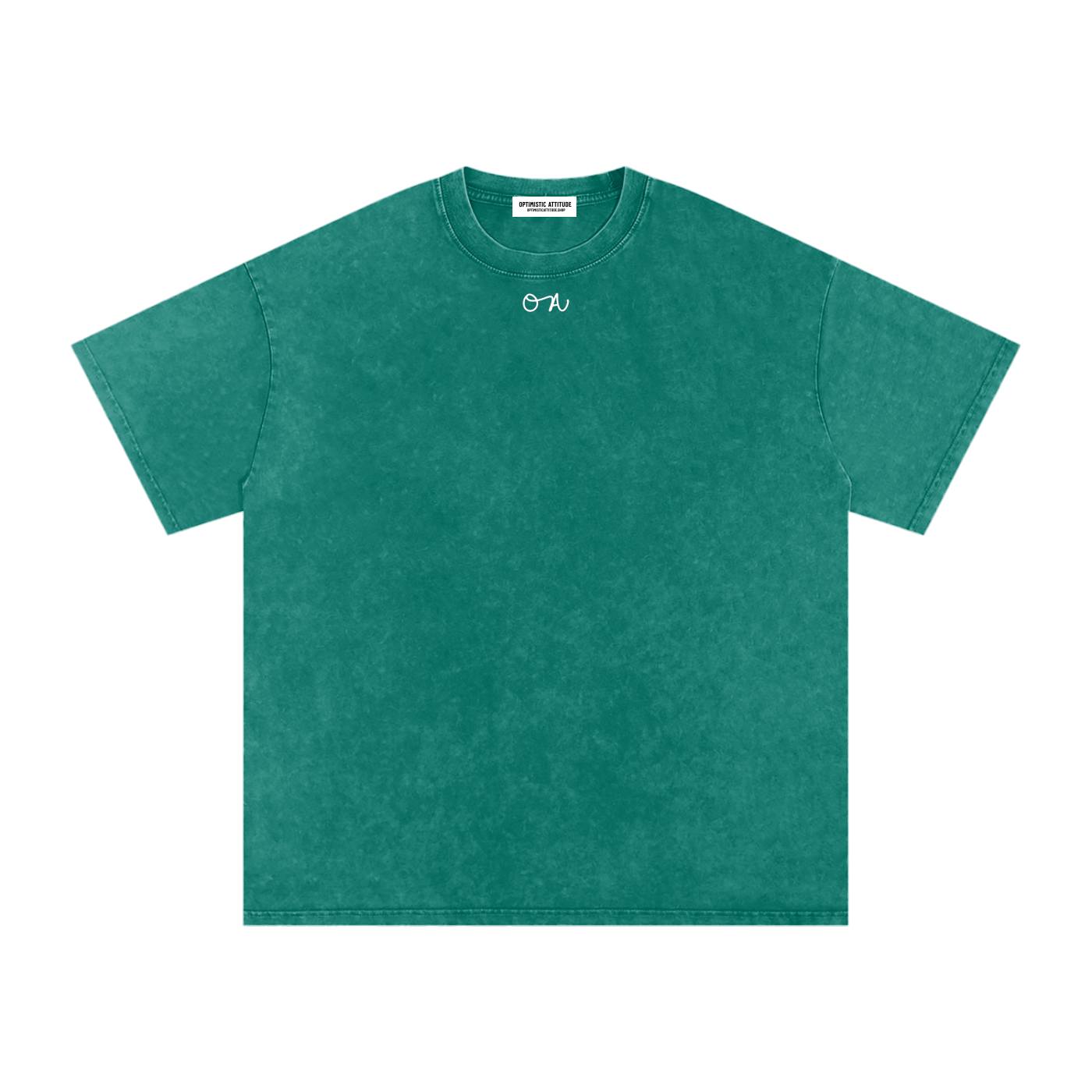 Front of dark green t-shirt with a white 'oa' logo in front of a white background.