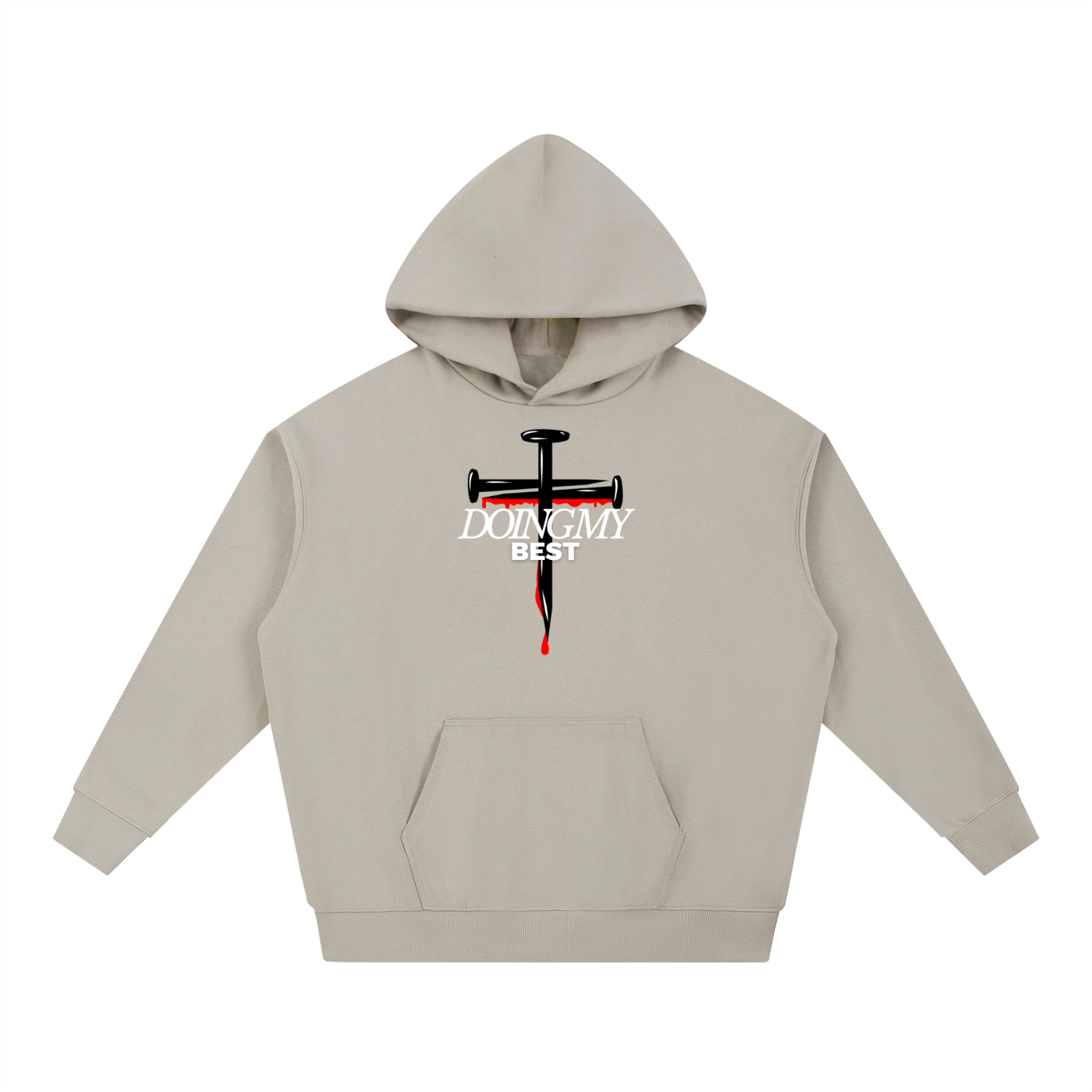 Stone hoodie with a graphic design on a white background. Graphic design consists of 2 black nails in a cross form with red detailing dripping down, in front of it there is 'Doing my best' text in the color white. 