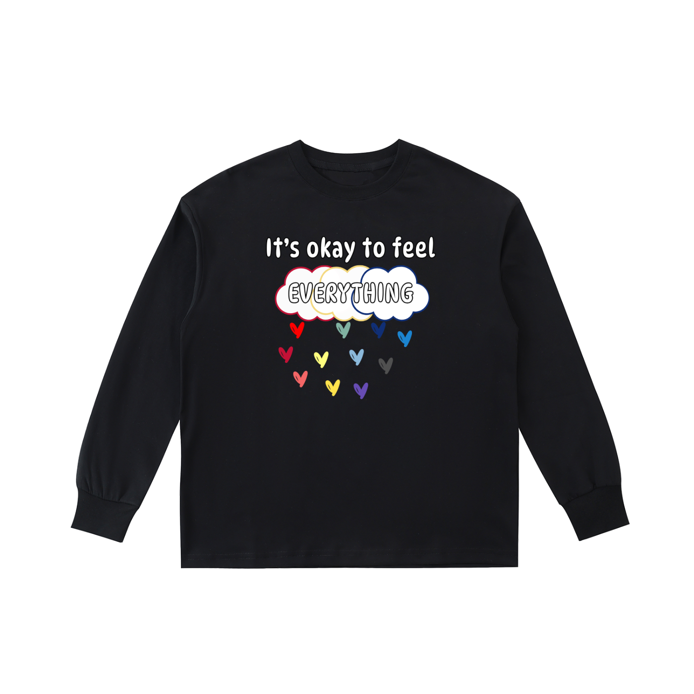 Black sweatshirt with colorful clouds and colorful heart raindrops on a white background.