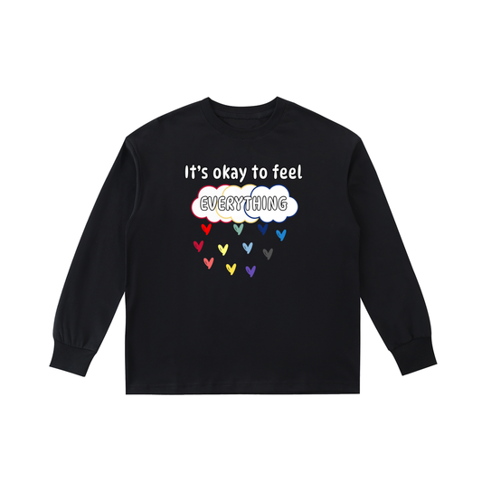 Black sweatshirt with colorful clouds and colorful heart raindrops on a white background.