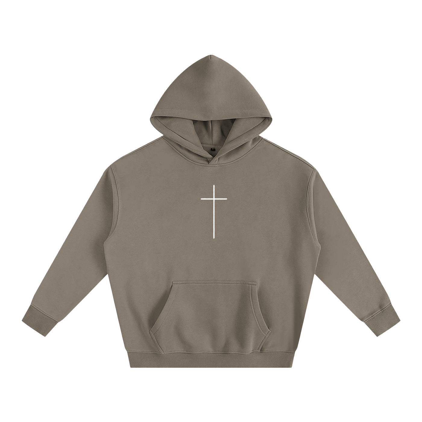 Brown hoodie with a white cross on a white background