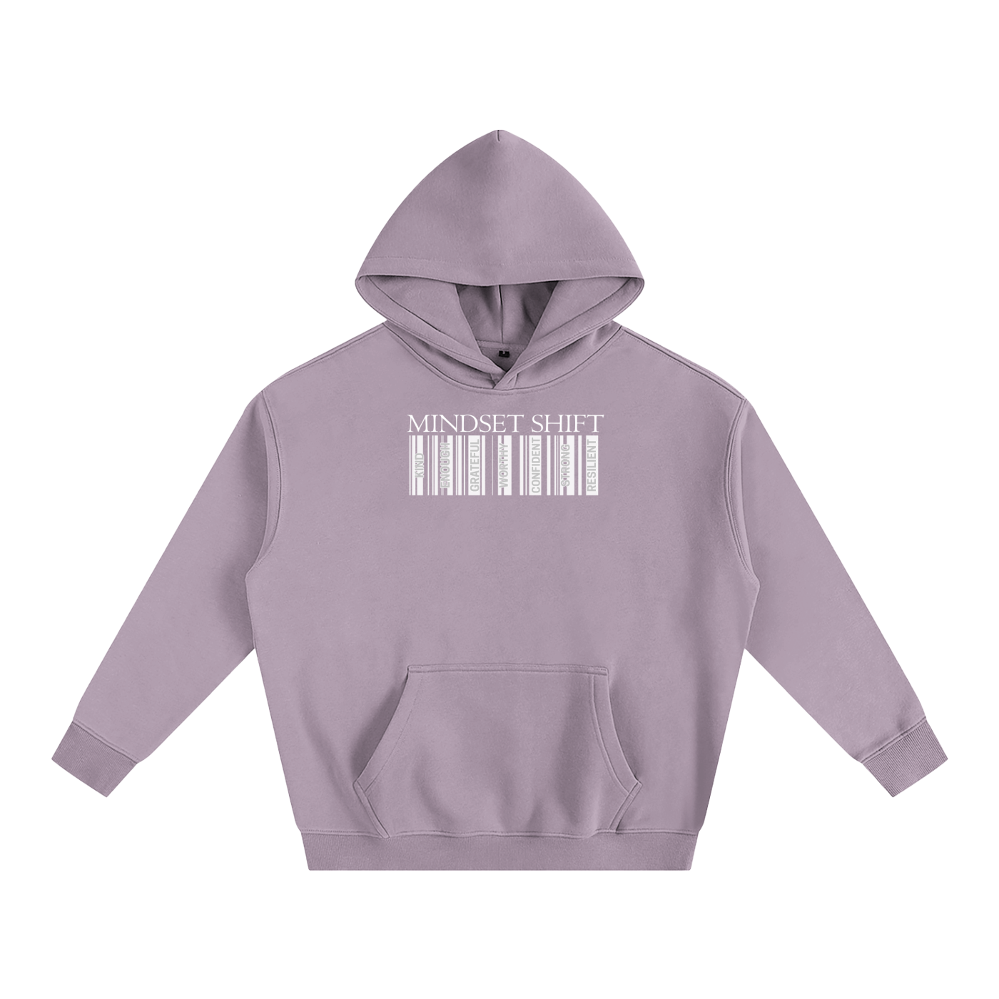 Lavender Purple hoodie with barcode design and 'MINDSET SHIFT' text on a white background, Small lettering in barcode formation. Lettering Specified: Kind, Enough, Grateful, Worthy, Confident, Strong, Resilient