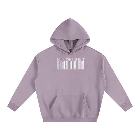 Lavender Purple hoodie with barcode design and 'MINDSET SHIFT' text on a white background, Small lettering in barcode formation. Lettering Specified: Kind, Enough, Grateful, Worthy, Confident, Strong, Resilient