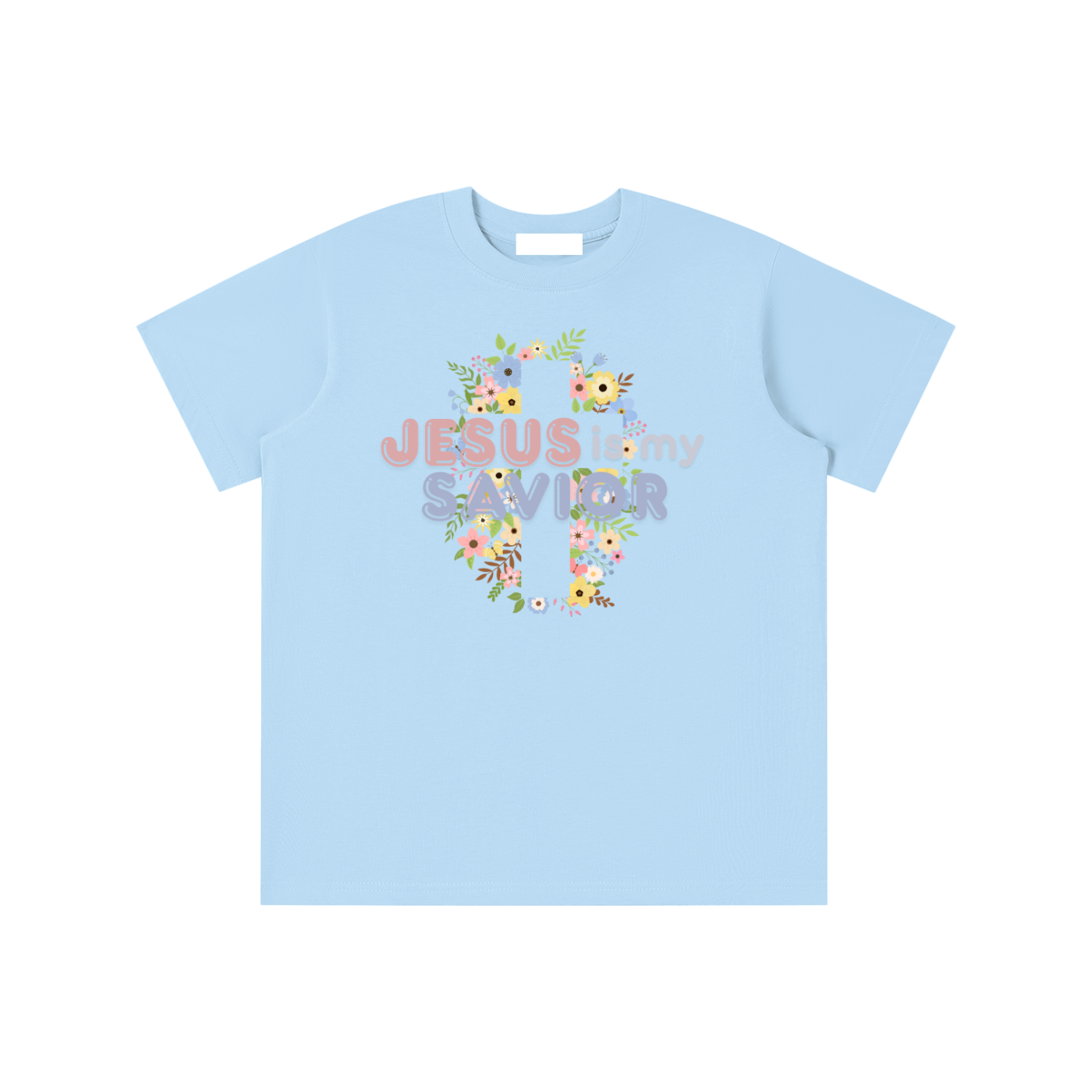 Light Blue t-shirt with 'Jesus is my savior' text and floral cross design-colors consist of yellow, purple, green, pink, light brown on a white background