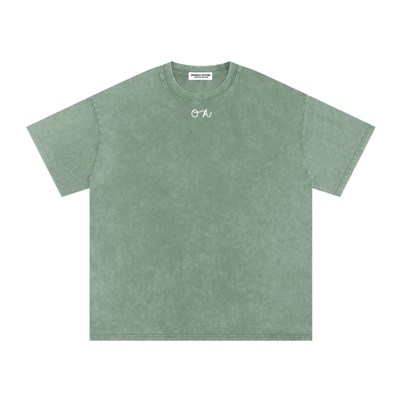 Light green t-shirt with an 'OA' logo in front of a white background