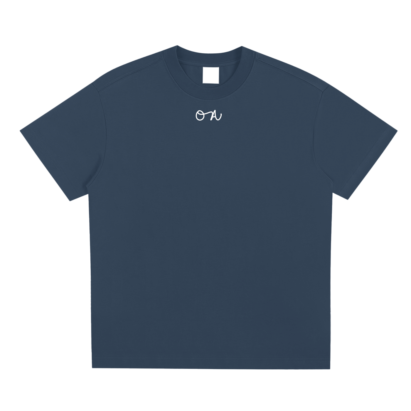 Midnight blue t-shirt with a white logo on a white background