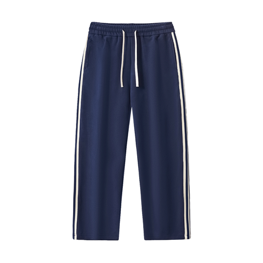Navy blue pants with white stripes on a white background