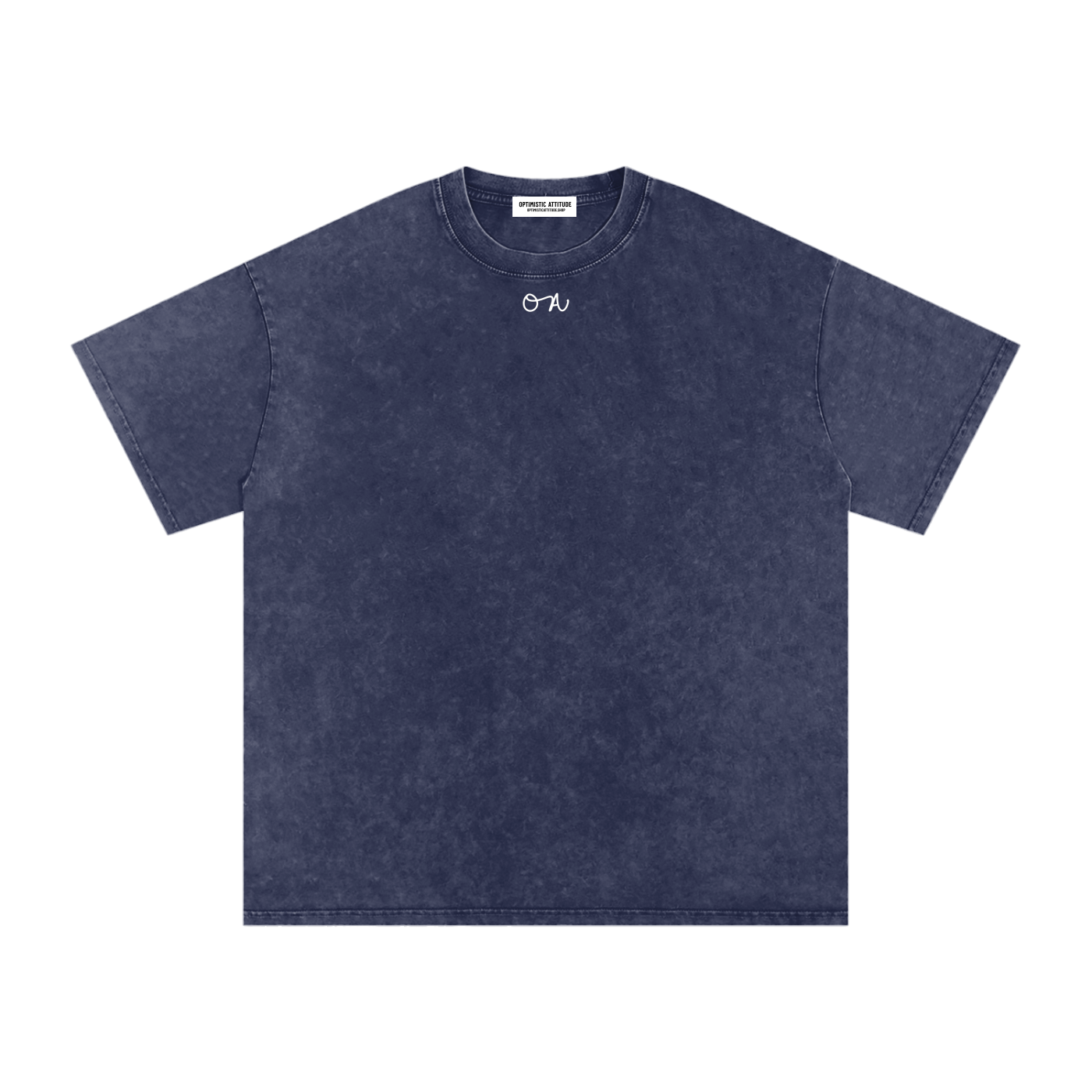 Front of navy blue t-shirt with a white 'oa' logo in front of a white background.