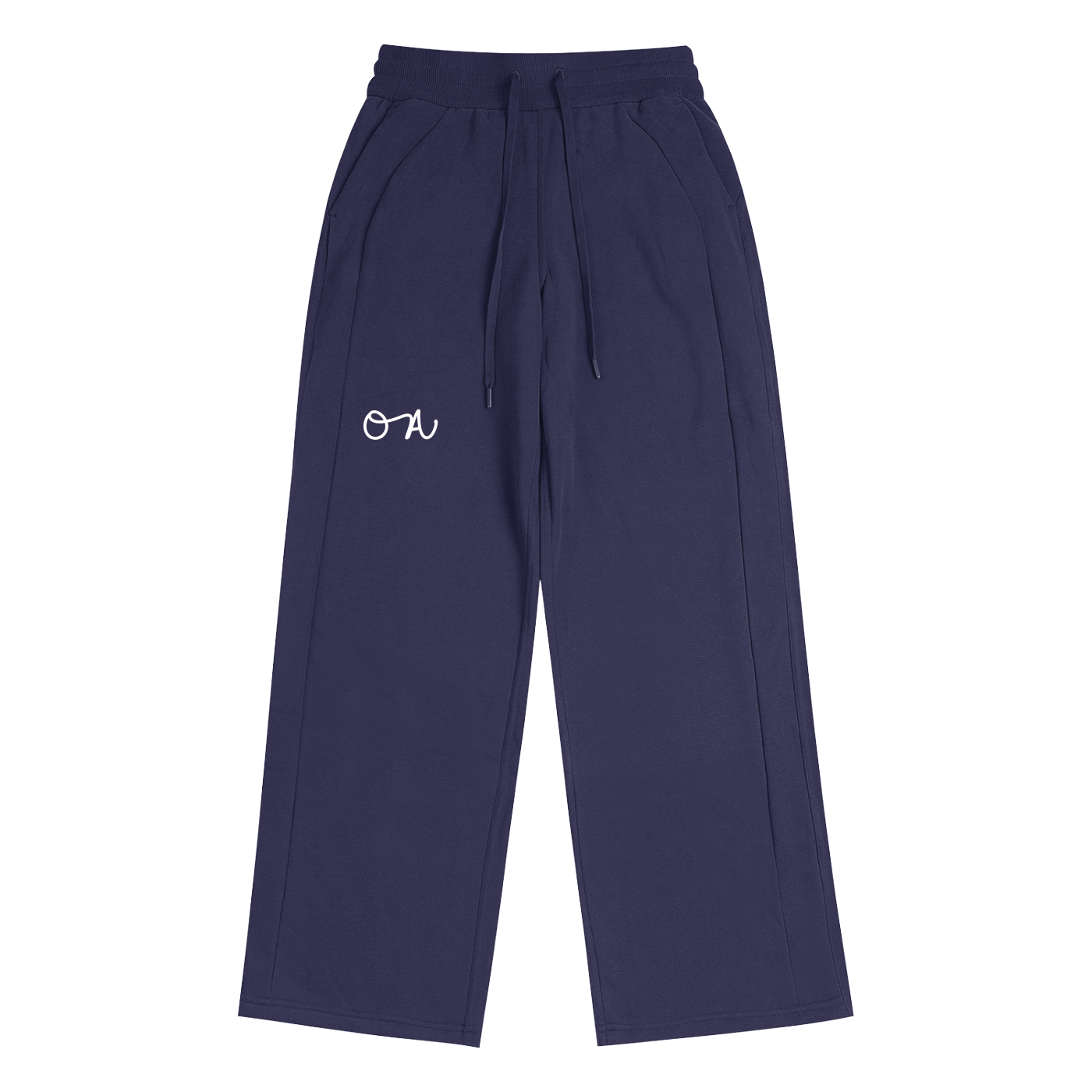 Navy blue pants with a white logo on a white background